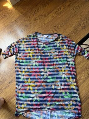 LuLaRoe Navy Striped Tee with Multicolor Floral Print
